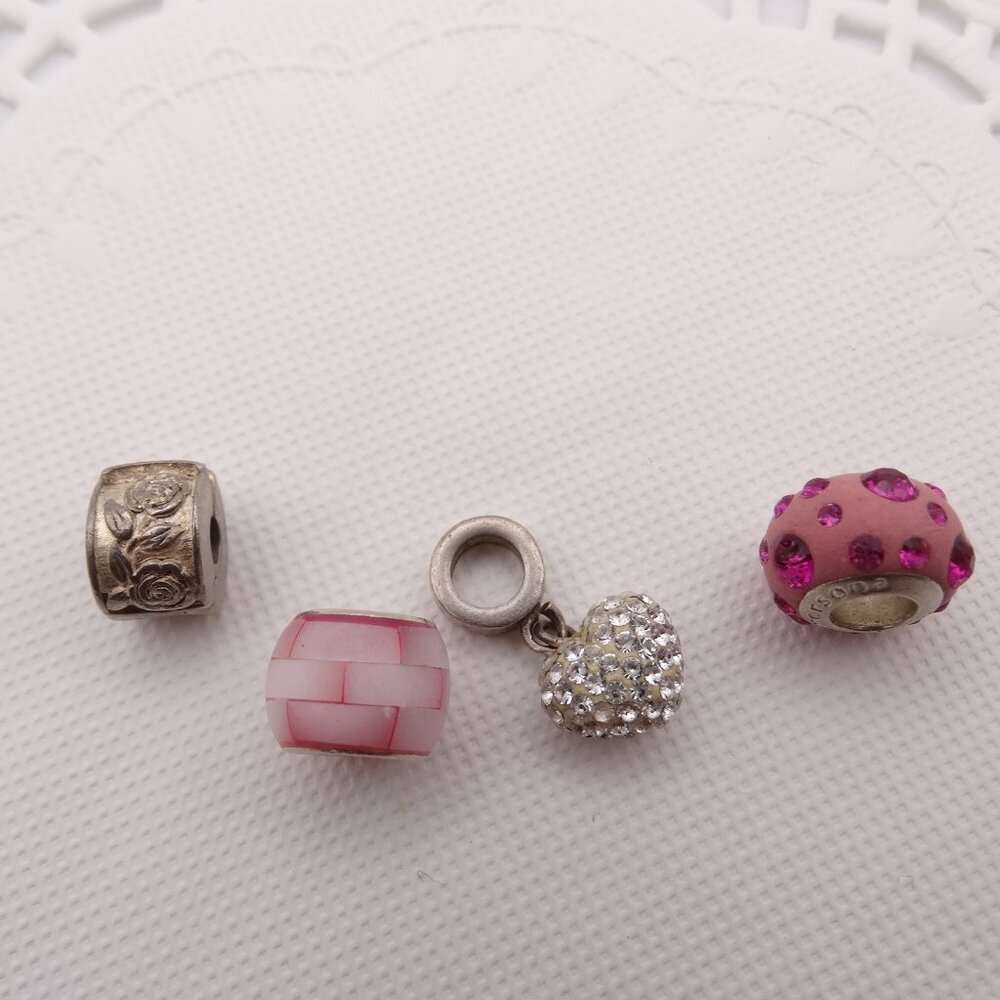 Lot of 4 Persona 925 Charms Heart Rose Pink Rhinestones